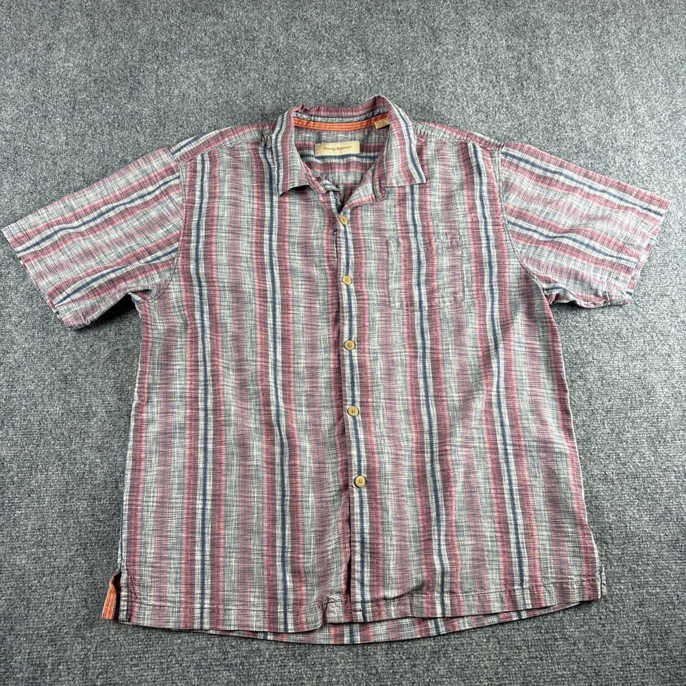 Tommy Bahama Men's XL Silk Blend Striped Camp Shirt Short Sleeve Americana
